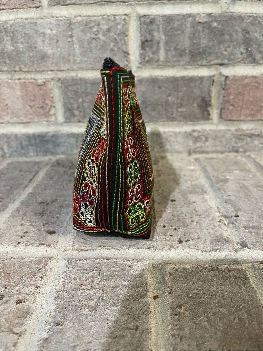 Hand-Embroidered Black Cosmetic Pouch with Green & Red Accents - Picture 7 of 9